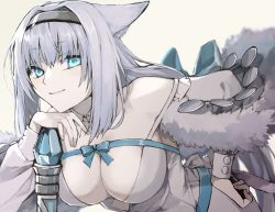 Rule 34 | 1girl, animal ears, blue eyes, blue ribbon, breasts, cape, cleavage, dobrynya nikitich (fate), fate/grand order, fate (series), fur-trimmed cape, fur trim, hairband, hand on hilt, hand on own hip, kino kokko, large breasts, leaning forward, ribbon, smile, solo, tail, white hair
