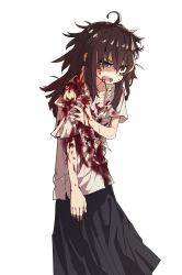 Rule 34 | 1girl, absurdres, bags under eyes, bandages, black skirt, blood, blood on clothes, breasts, female focus, highres, injury, messy hair, open mouth, original, ryona, skirt, small breasts, solo, torn clothes, transparent background, yodosesami, yodosumiori