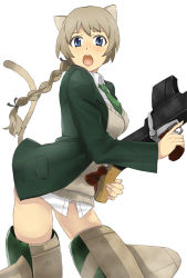 Rule 34 | 1girl, animal ears, blazer, blue eyes, braid, breasts, brown hair, cat ears, cat tail, eyebrows, gun, hamushima, jacket, lynette bishop, open mouth, ponytail, single braid, small breasts, solo, strike witches, striker unit, sweater vest, tail, weapon, world witches series