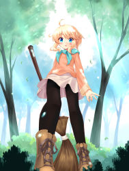 Rule 34 | 1girl, :o, ahoge, bad id, bad pixiv id, black pantyhose, blonde hair, blue eyes, blush, boots, broom, cross-laced footwear, esia mariveninne, forest, from below, komone ushio, lace-up boots, light rays, long hair, looking down, nature, original, pantyhose, skirt, solo, staring, sunbeam, sunlight, sweater, tree, wide-eyed