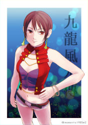 Rule 34 | 1girl, absurdres, belt, breasts, brown eyes, brown hair, closed mouth, earrings, highres, jewelry, kowloon&#039;s gate, looking at viewer, mao (mao1985), navel, short hair, short shorts, shorts, smile, solo, xiaohei
