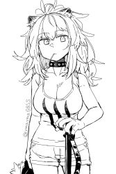 Rule 34 | 1girl, animal ears, arknights, breasts, cleavage, cowboy shot, greyscale, hair between eyes, highres, holding, holding clothes, holding jacket, jacket, unworn jacket, large breasts, lion ears, lion girl, long hair, looking at viewer, monochrome, mouth hold, ponytail, shorts, siege (arknights), simple background, sketch, solo, studded choker, tank top, twitter username, weapon, white background, yom (ymayma00ss)