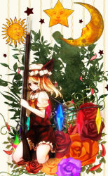Rule 34 | 1girl, bad id, bad pixiv id, blonde hair, comrade stalin, crescent, crescent moon, female focus, flandre scarlet, flower, gun, hat, moon, red eyes, rifle, solo, star (symbol), sun, sun symbol, embodiment of scarlet devil, touhou, weapon, wings