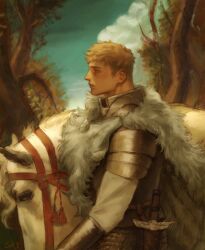 Rule 34 | 1boy, animal, armor, brown hair, chainmail, cloak, cloud, commentary, day, dungeon meshi, english commentary, from side, fur cloak, highres, horse, kensuke (dungeon meshi), koitotwt, laios touden, light brown hair, long sleeves, looking ahead, male focus, nature, official alternate costume, outdoors, pauldrons, pelt, plate armor, profile, reins, sheath, sheathed, shirt, short hair, shoulder armor, sky, spoilers, sword, tassel, tree, undercut, upper body, vambraces, weapon, white shirt, winged sword