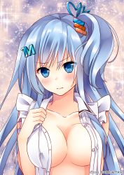 Rule 34 | &gt;:&gt;, 10s, 1girl, 2016, 3:, 3:&lt;, :&gt;, blue eyes, blue hair, blush, breasts, closed mouth, collarbone, covered erect nipples, emori miku, frilled shirt, frills, hair ornament, head tilt, highres, large breasts, liver city, long hair, looking at viewer, matching hair/eyes, one side up, open clothes, open shirt, original, shirt, sleeveless, sleeveless shirt, solo, sparkle, unbuttoned, upper body, v-shaped eyebrows, watermark, white shirt, yoshida iyo
