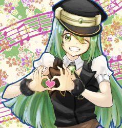 Rule 34 | 1girl, ;d, alina gray, alternate eye color, beamed eighth notes, belt, black choker, black hat, black vest, blue outline, blunt ends, brown belt, choker, collar, cross tie, detached collar, eighth note, eyebrows visible through hat, eyes visible through hair, floral background, fur cuffs, gem, green eyes, green gemstone, green hair, grin, hair between eyes, hat, heart, heart hands, hokokara, long hair, magia record: mahou shoujo madoka magica gaiden, magical girl, mahou shoujo madoka magica, musical note, one eye closed, open mouth, outline, peaked cap, puffy short sleeves, puffy sleeves, quarter note, see-through, see-through sleeves, short sleeves, sidelocks, smile, solo, staff (music), straight hair, striped, striped background, upper body, very long hair, vest, white collar, white sleeves