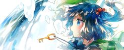 Rule 34 | 1girl, air bubble, backpack, bag, blue eyes, blue hair, blush, bubble, blowing bubbles, hair bobbles, hair ornament, hat, kawashiro nitori, key, matching hair/eyes, namie-kun, open mouth, profile, short hair, solo, touhou, twintails, two side up, underwater, water