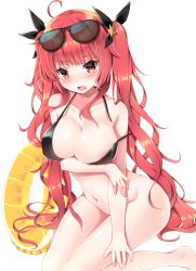 Rule 34 | 1girl, ahoge, arm under breasts, azur lane, bare arms, bare shoulders, barefoot, bikini, bikini top only, black bikini, black ribbon, blush, bottomless, breast hold, breasts, cleavage, collarbone, commentary request, eyewear on head, fang, hair ornament, hair ribbon, highres, honolulu (azur lane), honolulu (summer accident?!) (azur lane), innertube, karaage3, large breasts, long hair, looking at viewer, navel, open mouth, red eyes, red hair, ribbon, sidelocks, simple background, solo, star (symbol), star hair ornament, sunglasses, swim ring, swimsuit, tears, twintails, v-shaped eyebrows, very long hair, white background, yellow innertube