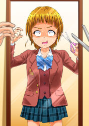 Rule 34 | 1girl, blazer, blue bow, blue bowtie, blue skirt, blurry, blurry foreground, bow, bowtie, brown eyes, brown hair, commentary, constricted pupils, cosplay, cut bangs, cutting hair, depth of field, dress shirt, female pov, futari wa precure, highres, holding, holding scissors, hugtto! precure, jacket, looking at mirror, miniskirt, mirror, misumi nagisa, nervous, nono hana, nono hana (cosplay), pleated skirt, pov, precure, red jacket, red vest, reflection, satou yasu, school uniform, scissors, shaded face, shirt, short hair, skirt, solo, sweat, nervous sweating, verone gakuin school uniform, vest, white shirt, wing collar
