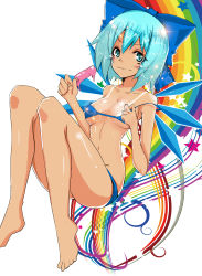 Rule 34 | &gt;:), 1girl, absurdres, aqua eyes, aqua hair, bare arms, bare legs, bare shoulders, barefoot, bikini, bikini tan, blush, bow, breasts, cirno, cleavage, collarbone, food, full body, hair bow, hands up, hidden star in four seasons, highres, holding, ice, ice wings, knees up, looking at viewer, medium breasts, melting, navel, off shoulder, popsicle, rainbow, shiny skin, smile, solo, star (symbol), stomach, strap slip, swimsuit, tan, tanline, tanned cirno, touhou, underboob, v-shaped eyebrows, wings, yukito (dreamrider)