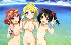 Rule 34 | 10s, 3girls, :d, absurdres, animedia, ayase eli, bibi (love live!), black hair, blonde hair, bow, breasts, cleavage, cloud, eyewear on head, flat chest, girl sandwich, hair bow, hand on another&#039;s shoulder, highres, long hair, looking at viewer, love live!, love live! school idol project, medium breasts, multiple girls, navel, nico nico nii, nipples, nishikino maki, nude, nude filter, ocean, open mouth, outdoors, pussy, saita hiroyuki, sandwiched, short hair, sky, smile, sunglasses, third-party edit, twintails, uncensored, water, yazawa nico