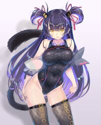 Rule 34 | 1girl, absurdres, animal ear fluff, animal ears, bare shoulders, black one-piece swimsuit, black thighhighs, breasts, cat ears, cat girl, cat tail, competition swimsuit, contrapposto, covered navel, cowboy shot, fang, fishnet thighhighs, fishnets, goggles, goggles around neck, groin, hair ribbon, highres, holding, holding stuffed toy, impossible clothes, indie virtual youtuber, kiyama satoshi, kuroike momimi, large breasts, long hair, looking at viewer, one-piece swimsuit, open mouth, purple hair, purple nails, ribbon, skindentation, solo, stuffed animal, stuffed fish, stuffed toy, swimsuit, tail, thighhighs, two side up, virtual youtuber, yellow eyes