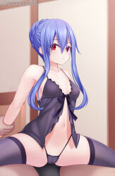 Rule 34 | 1boy, 1girl, arm grab, babydoll, black thighhighs, blue hair, breasts, cowgirl position, effole (fairy fencer f), fairy fencer f, gabriel evangel, girl on top, hetero, highres, looking at viewer, navel, red eyes, reverse cowgirl position, ribbon, sex from behind, small breasts, split, spread legs, straddling, thighhighs