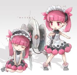 Rule 34 | 2girls, character request, english text, facing viewer, kemurikusa, kolshica, looking at another, maid, maid headdress, multiple girls, parted lips, pink eyes, pink hair, portal (series), seiza, short hair, short twintails, sitting, sleeping, sentry turret (portal), twintails