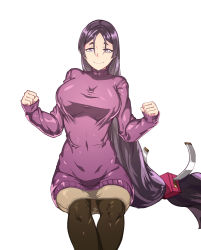 Rule 34 | 1girl, breasts, casual, contemporary, fate/grand order, fate (series), ghgnvm, highres, large breasts, long hair, looking at viewer, low-tied long hair, minamoto no raikou (fate), pantyhose, parted bangs, purple eyes, purple hair, ribbed sleeves, skirt, smile, solo, sweater, very long hair
