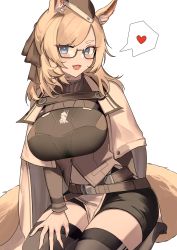Rule 34 | 1girl, 360 (taiyo360), :d, absurdres, animal ear fluff, animal ears, arknights, belt, bespectacled, black-framed eyewear, black shorts, black thighhighs, blue eyes, blush, breasts, female focus, glasses, hand on own thigh, heart, highres, horse ears, horse girl, horse tail, impossible clothes, large breasts, long sleeves, open mouth, seiza, semi-rimless eyewear, short shorts, shorts, simple background, sitting, smile, solo, speech bubble, spoken heart, swept bangs, tail, thick eyebrows, thighhighs, under-rim eyewear, underbust, v-shaped eyebrows, whislash (arknights), white background
