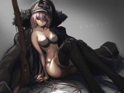 Rule 34 | 1girl, arm support, bikini, black footwear, black hat, blush, bolt action, boots, breasts, character name, cleavage, collarbone, cross, fur trim, girls&#039; frontline, grey bikini, gun, hair between eyes, hat, highres, iron cross, kar98k (girls&#039; frontline), knees up, long hair, looking at viewer, mauser 98, medium breasts, name connection, object namesake, pandarou, peaked cap, red eyes, rifle, sitting, smile, solo, swimsuit, thigh boots, thighhighs, very long hair, weapon, white hair