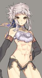 Rule 34 | 1girl, abs, armor, bare shoulders, blue ribbon, blunt bangs, breasts, brown eyes, elbow gloves, fate/grand order, fate (series), faulds, fingerless gloves, gloves, grey background, grey gloves, hair ribbon, half updo, hand on own hip, highres, looking at viewer, muscular, muscular female, navel, penthesilea (fate), ribbon, sidelocks, silver hair, simple background, small breasts, solo, teshima nari, thighs