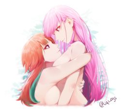 Rule 34 | 2girls, absurdres, aqua hair, breasts, closed mouth, commentary, english commentary, eyelashes, face-to-face, from side, highres, hololive, hololive english, hug, huge filesize, lips, long hair, looking at another, lufi ays, medium breasts, mori calliope, multicolored hair, multiple girls, orange hair, pink hair, profile, purple eyes, red eyes, simple background, smile, straight hair, streaked hair, takanashi kiara, topless, twitter username, two-tone hair, upper body, virtual youtuber, white background, yuri