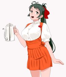 Rule 34 | 1girl, anna miller, apron, brown eyes, cowboy shot, employee uniform, green hair, hair ribbon, irako (kancolle), kantai collection, long hair, looking at viewer, name tag, ojipon, open mouth, orange apron, pitcher (container), ponytail, red ribbon, ribbon, simple background, solo, uniform, waitress, white background