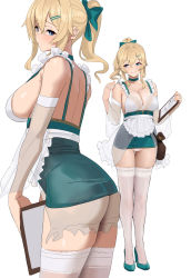 Rule 34 | 1girl, alternate costume, apron, ass, blonde hair, blue eyes, blush, bow, breasts, chela77, choker, cleavage, clipboard, detached sleeves, dress, enmaided, frilled dress, frills, genshin impact, green bow, green choker, green dress, grin, hair bow, hair ornament, hairclip, high heels, highres, holding, holding clipboard, jean (genshin impact), large breasts, maid, maid apron, multiple views, parted lips, ponytail, pouch, short dress, smile, sweatdrop, thighhighs, thighs, white thighhighs