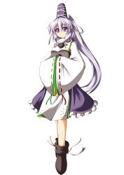 Rule 34 | 1girl, blush, female focus, full body, hagami495, hands in opposite sleeves, hat, highres, japanese clothes, kariginu, long hair, long sleeves, looking at viewer, mononobe no futo, ponytail, purple hair, ribbon, shoes, silver hair, simple background, skirt, smile, solo, tate eboshi, touhou, transparent background, very long hair, white background, wide sleeves