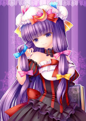 Rule 34 | 1girl, alternate costume, bad id, bad pixiv id, bare shoulders, book, bustier, crescent, detached collar, detached sleeves, female focus, grandia bing, hat, highres, long hair, patchouli knowledge, puffy sleeves, purple eyes, purple hair, short sleeves, smile, solo, striped, touhou