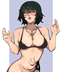 Rule 34 | 1girl, absurdres, areola slip, black bra, black hair, blue background, blush, bottomless, bra, bra only, cross, cross necklace, glasses, hands up, highres, hunter x hunter, jewelry, necklace, open mouth, pink eyes, pink lips, porqueloin, shizuku murasaki, short hair, simple background, solo, stomach tattoo, sweatdrop, tattoo, underwear