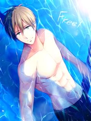 Rule 34 | 10s, 1boy, abs, afloat, brown hair, floating, free!, fumino mikoto, green eyes, male focus, muscular, topless male, short hair, solo, tachibana makoto, water