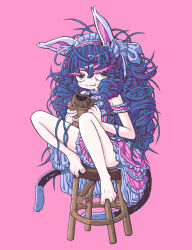 Rule 34 | 1girl, :3, absurdres, animal ear fluff, animal ears, bare legs, barefoot, between toes, black eyes, blue hair, cat ears, cat girl, cat tail, closed mouth, colored eyelashes, commentary, dress, eyelashes, feet, food, food bite, frilled dress, frills, full body, hairband, highres, holding, holding food, kani tenshinhan, knees up, lolita hairband, long hair, looking at viewer, messy hair, multiple tails, nail polish, nekomata, on stool, original, pink background, pink dress, pink hairband, pink nails, simple background, sitting, sleeveless, sleeveless dress, smirk, smug, solo, spread toes, stool, strap slip, tail, taiyaki, toenail polish, toenails, toes, two tails, very long hair, wagashi