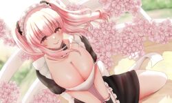 Rule 34 | 1girl, aki sakura, apron, black bow, black bowtie, blush, bow, bowtie, breasts, cleavage, collar, detached collar, floating hair, flower, hair ornament, hair scrunchie, heart, heart-shaped pupils, hololive, hololive english, large breasts, long hair, looking at viewer, maid, maid apron, maid headdress, mori calliope, pink flower, pink hair, red eyes, scrunchie, smile, solo, symbol-shaped pupils, twintails, virtual youtuber, white apron, white collar, white headwear