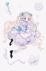 Rule 34 | 1girl, :o, ahoge, apron, back bow, bag, black footwear, blonde hair, blue bow, blue eyes, blue garter, blue ribbon, blush stickers, bow, bow button, bow legwear, bridal garter, circle skirt, dress, eyelashes, eyeshadow, frilled bow, frilled dress, frilled garter, frills, full body, gloves, hair bow, hairband, handbag, high heels, lace-trimmed apron, lace-trimmed sleeves, lace trim, lolita hairband, long hair, looking at viewer, makeup, open mouth, original, puffy short sleeves, puffy sleeves, pumps, purple bag, purple dress, putong xiao gou, red eyeshadow, red lips, ribbon, ribbon-trimmed hairband, short dress, short sleeves, snowflakes, socks, solo, stuffed animal, stuffed rabbit, stuffed toy, twintails, very long hair, waist apron, white apron, white background, white gloves, white hairband, white socks, wrist ribbon