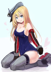 Rule 34 | 10s, 1girl, absurdres, bad id, bad pixiv id, between legs, bismarck (kancolle), blonde hair, blue eyes, breasts, brown gloves, cleavage, competition school swimsuit, cross, detached sleeves, gloves, grey thighhighs, hat, heart, highres, iron cross, kantai collection, large breasts, long hair, long sleeves, one-piece swimsuit, peaked cap, school swimsuit, sideboob, sideways hat, sitting, smile, solo, swimsuit, tada no ichigo, thighhighs, wet