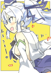 Rule 34 | 1girl, black hat, blue eyes, breasts, commentary request, detached sleeves, from side, grey hair, hat, heart, japanese clothes, kariginu, large breasts, long hair, looking at viewer, matsu kitsune, mononobe no futo, open mouth, ponytail, sideboob, simple background, skirt, solo, tate eboshi, touhou, yellow background