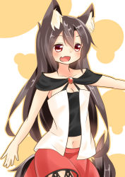 Rule 34 | 1girl, absurdres, animal ears, aranagi (arng 4401), blush, breasts, brooch, brown hair, cleavage, collarbone, fang, highres, imaizumi kagerou, jewelry, long hair, looking at viewer, midriff, navel, open mouth, red eyes, smile, solo, tail, touhou, wolf ears, wolf tail