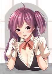 Rule 34 | 10s, 1girl, ahoge, blouse, bokokichi (you), breast rest, breasts, brown eyes, gloves, hagikaze (kancolle), kantai collection, large breasts, long hair, looking at viewer, neck ribbon, open clothes, open mouth, open shirt, purple hair, ribbon, school uniform, shirt, side ponytail, smile, solo, teeth, vest, white gloves, white shirt