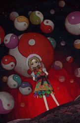 Rule 34 | 1girl, absurdres, arms behind back, belt, black belt, black eyes, blonde hair, closed mouth, from below, highres, light smile, looking at viewer, magatama, multicolored clothes, multicolored skirt, neruzou, orb, rainbow order, red background, red shirt, shirt, short hair, short sleeves, skirt, sleeveless, sleeveless jacket, solo, standing, tamatsukuri misumaru, touhou, yin yang, yin yang orb