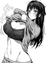 1girl, bangs, blush, bra, breasts, cleavage, crossed arms, gibagiba, greyscale, highres, large breasts, long hair, monochrome, navel, original, shirt lift, stomach, translation request, underwear