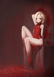 Rule 34 | 1girl, arm up, barefoot, blonde hair, blood, blood on feet, blood on hands, blue eyes, breasts, china dress, chinese clothes, clenched teeth, dress, earrings, female focus, full body, grin, jewelry, looking at viewer, original, pelvic curtain, red dress, short hair, sitting, sleeveless, sleeveless dress, small breasts, smile, solo, suitshark, teeth