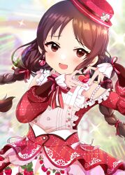 Rule 34 | 1girl, blurry, blurry background, blush, braid, brown eyes, brown hair, buttons, clothing cutout, commentary, dodotsuki, dot nose, dress, earrings, floral print, food print, frilled dress, frills, hair ribbon, hands up, heart, heart earrings, heart hands, highres, idolmaster, idolmaster cinderella girls, idolmaster cinderella girls starlight stage, jewelry, long hair, long sleeves, looking at viewer, official alternate costume, official alternate hairstyle, open mouth, pink nails, print dress, puffy sleeves, red dress, red headwear, red ribbon, ribbon, shoulder cutout, sidelocks, smile, solo, sparkle, strawberry print, sunlight, tachibana arisu, twin braids