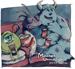 Rule 34 | aged down, anger vein, blue eyes, body fur, couch, extra legs, fangs, food, furry, gradient background, green eyes, horns, ikuchi osutega, james p. sullivan, lizard tail, mike wazowski, monsters inc., monsters university, one-eyed, open mouth, popcorn, randall boggs, sausage, sharp teeth, sitting, slit pupils, tail, teeth