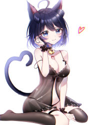 Rule 34 | animal ears, bell, black hair, blue eyes, blue hair, breasts, cat ears, cat girl, cat tail, cleavage, collar, colored tips, heart, highres, honkai (series), honkai impact 3rd, lingerie, looking at viewer, multicolored hair, neck bell, seele vollerei, short hair, sitting, tail, thighhighs, underwear, wariza, white background, yukki 0125
