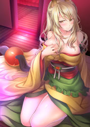 Rule 34 | 1girl, animal ears, bare shoulders, blonde hair, blush, breasts, cleavage, closed mouth, fox ears, hatori mia, highres, japanese clothes, kimono, large breasts, long hair, long sleeves, looking at viewer, obi, off shoulder, original, red eyes, sash, seiza, sidelocks, sitting, smile, solo, wavy hair, wide sleeves