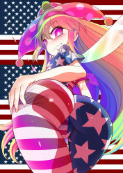 Rule 34 | 1girl, american flag, american flag dress, american flag legwear, ass, blonde hair, blue hair, blush, breasts, bright pupils, closed mouth, clownpiece, fairy wings, from behind, green hair, hat, highres, jester cap, long hair, looking at viewer, multicolored hair, pantyhose, pink eyes, polka dot, purple hat, short sleeves, small breasts, smile, solo, star (symbol), star print, striped, touhou, very long hair, wings, yassy