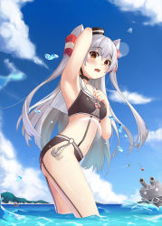 Rule 34 | 1girl, aircraft, airplane, amatsukaze (kancolle), arm up, armpits, blush, breasts, brown eyes, cloud, day, fang, firing, from side, hair between eyes, hair tubes, hat, highres, kantai collection, leaning forward, lens flare, muji (majunduo), open mouth, outdoors, rensouhou-kun, sailor collar, silver hair, sky, small breasts, smoke, standing, swimsuit, two side up, wading, water, water drop