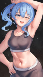 Rule 34 | 1girl, absurdres, aoi zerii, armpits, bare shoulders, black sports bra, blue eyes, blue hair, blue ribbon, blush, breasts, collarbone, hair between eyes, hair ribbon, highres, hololive, hoshimachi suisei, long hair, looking at viewer, medium breasts, navel, one eye closed, open mouth, presenting armpit, ribbon, side ponytail, smile, solo, sports bra, star (symbol), star in eye, sweat, symbol in eye, virtual youtuber