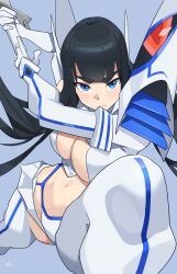 Rule 34 | 1girl, absurdres, black hair, blue background, blue eyes, breasts, cleavage, closed mouth, gloves, highres, junketsu, kill la kill, kiryuuin satsuki, large breasts, long hair, looking at viewer, simple background, solo, t-lex, thick eyebrows, white gloves