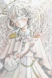 Rule 34 | 1girl, angel, angel wings, bandages, bandages, bandages over eyes, blush, chain, collared dress, covered eyes, dated, dress, feathered wings, frilled sleeves, frills, halo, hand up, head wings, highres, long sleeves, original, parted lips, pointy ears, short hair, signature, solo, toaruocha, white dress, white hair, white theme, white wings, wings