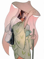 Rule 34 | 1boy, absurdres, black hair, blunt ends, chin strap, closed mouth, cowboy shot, green kimono, hand on headwear, hand up, hat, highres, holding, holding pole, ine (zx o4), japanese clothes, kimono, lipstick, long hair, long sleeves, looking away, looking down, low-tied long hair, makeup, male focus, pole, profile, rakudai ninja rantarou, red lips, rice hat, see-through, simple background, smile, solo, tachibana senzou, trap, veil, white background