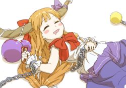 Rule 34 | 1girl, blonde hair, blush, bow, bowtie, brown horns, chain, closed eyes, commentary request, cowboy shot, drooling, flat chest, gourd, hair bow, horn bow, horn ornament, horns, ibuki suika, itani illust, long hair, low-tied long hair, mouth drool, open mouth, orb, purple bow, purple skirt, red bow, red bowtie, shirt, skirt, sleeveless, sleeveless shirt, smile, solo, touhou, very long hair, white background, white shirt, wrist cuffs